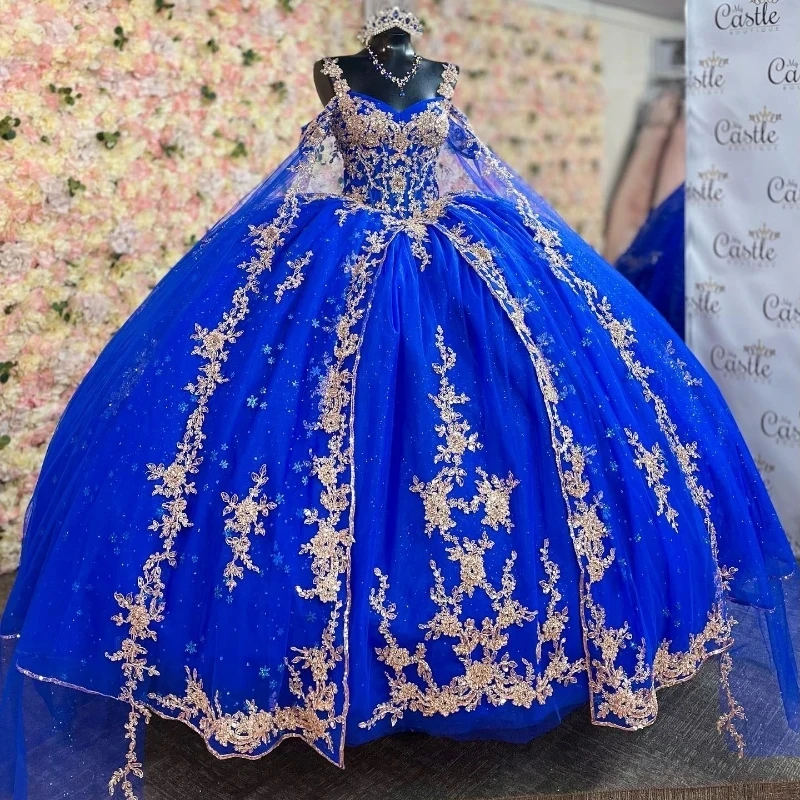 Blue Shiny Ball Gown Quinceanera Dresses 2024 Gold Applique Lace Beaded With Cape Sweet 16 Dress Vestidos De 15 Años