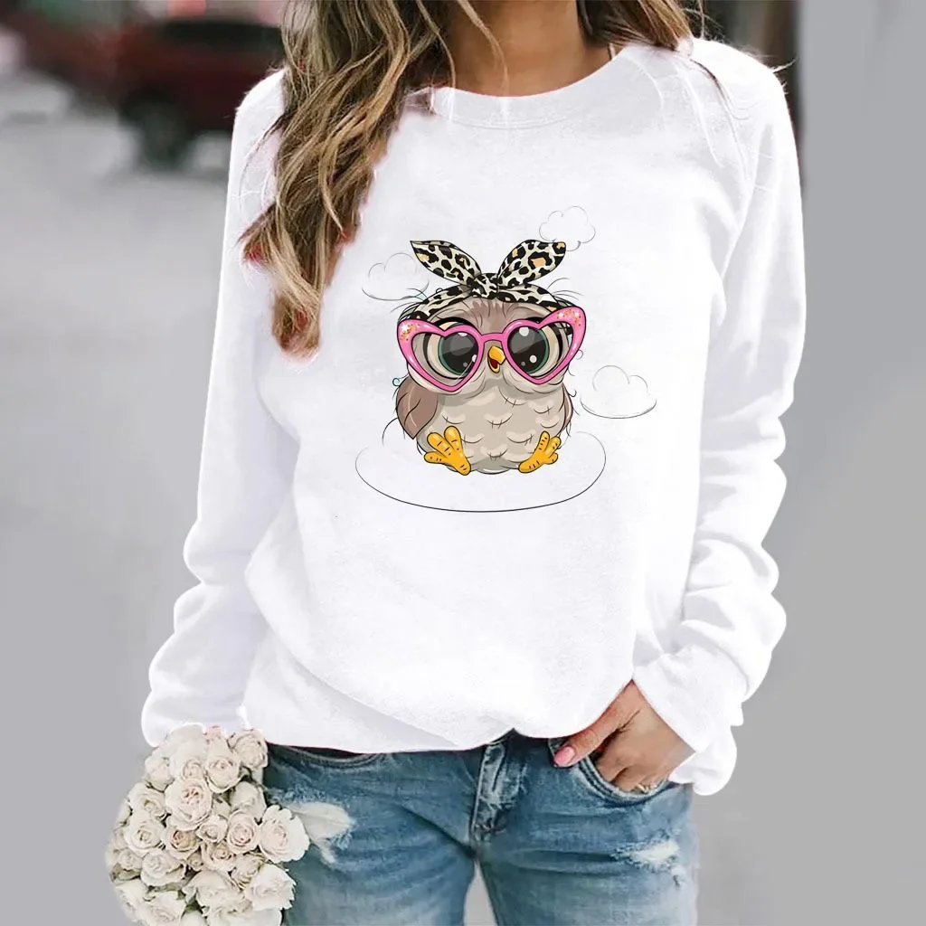 Women\'s Slim-fit Hoodie Fashion Owl Print White Long-sleeved Base Shirt for Women Streetwear Women Clothes Sweatshirt