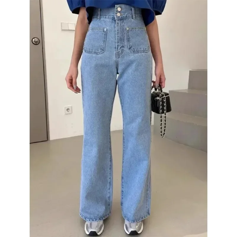 South korea Chic Summer Age-Reducing Elegant High Waist Two Buttons Double Pocket Versatile Slimming Skinny Pants Jeans Women