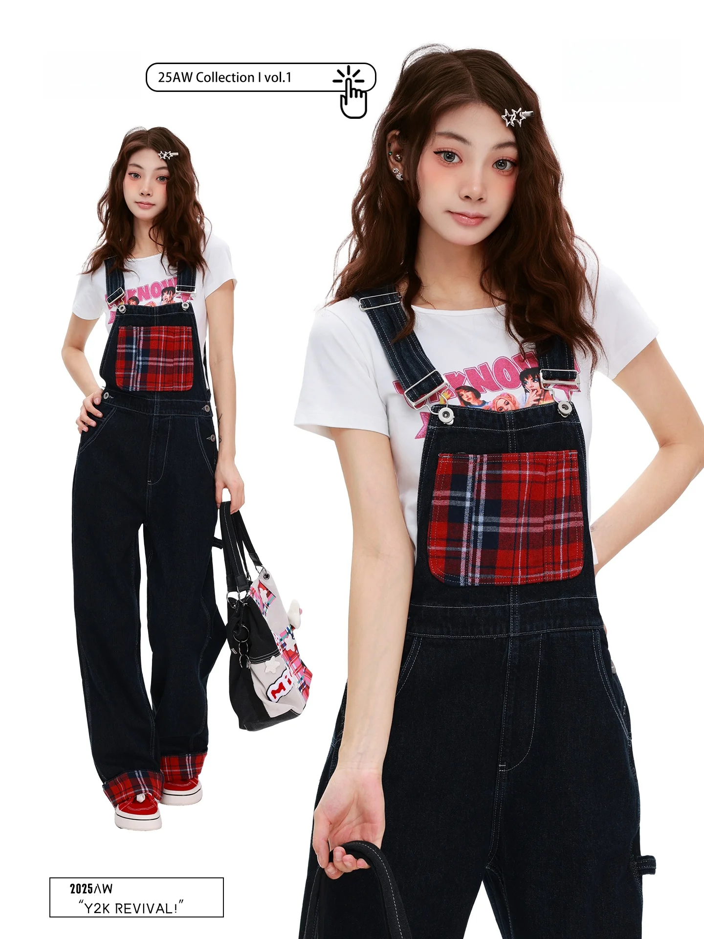 

Уличные джинсовые комбинезоны в клетку в стиле пэчворк, женские повседневные прямые брюки, джинсы с высокой талией и кетами