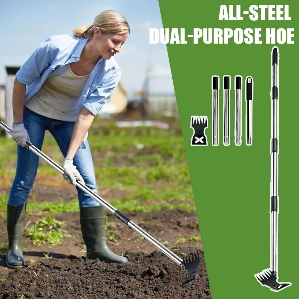 2 in 1 Weed Puller Tool with Long Handle, Hand Weed Rake and Hoe Uprooting Pulling Weed Remover Tool for Yard Patio Lawn Garden