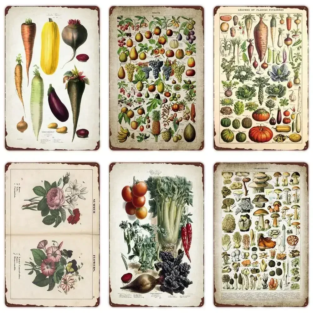 1Pc Retro Vegetable Plant Poster Vintage Fruits Metal Aluminum Sign Wall Art Sign Garden Kitchen Market Farm Flowers Plate Decor