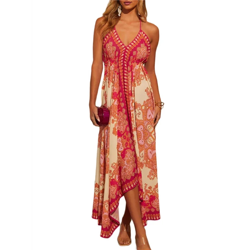 ABP-Women Boho Halter Maxi Dress Floral V Neck Sleeveless Loose Fit Backless Irregular Hem Long Holiday Vacation Dress