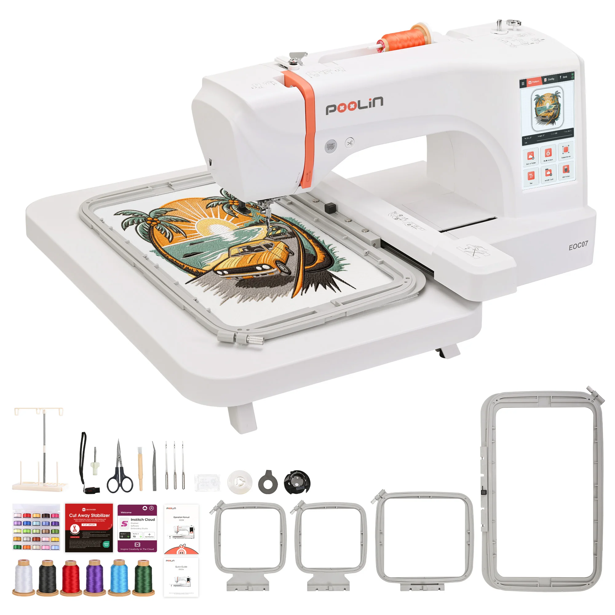 

hit productPooLin EOC07 Single Head Home Computer Embroidery Machine Beginners 200*380mm Hoop Area 7" Touchscreen 200 Designs