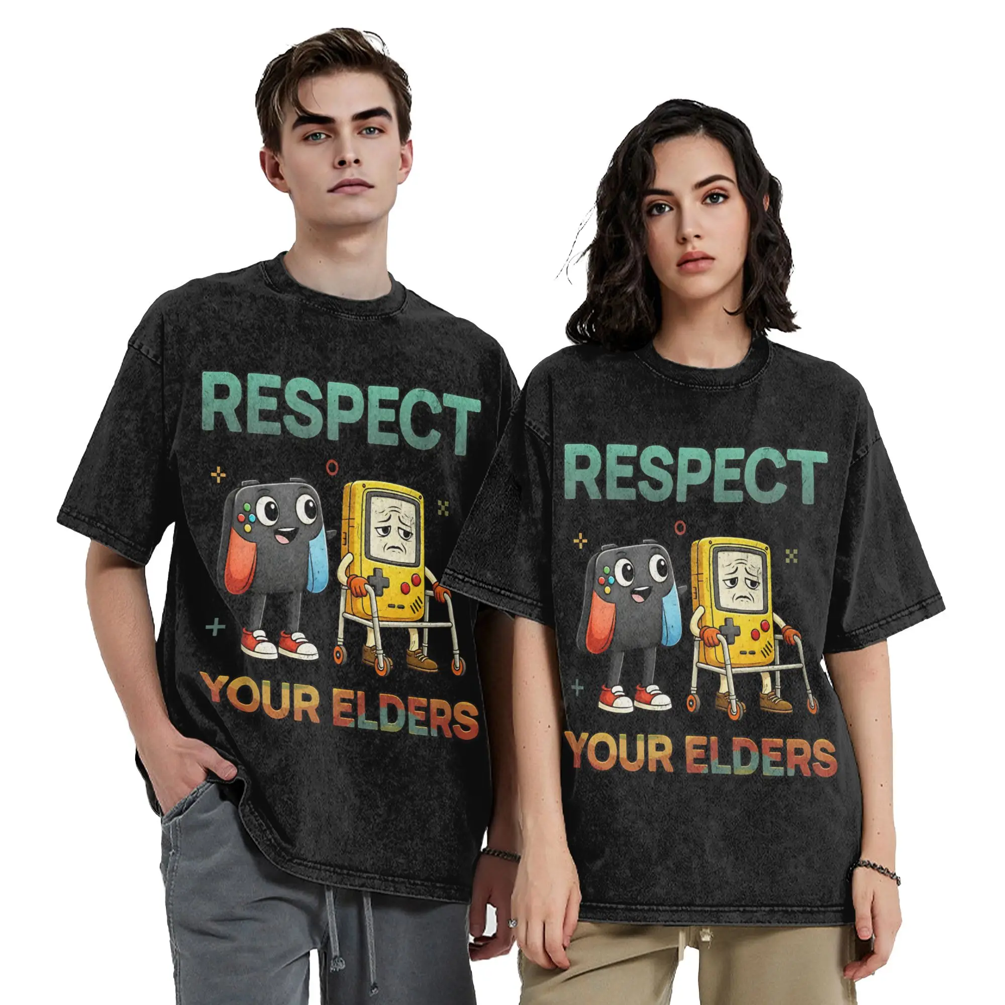 Respect Your Elders Gaming Control Retro Vintage Washed T-Shirts Men Women  Funny Pure Cotton Tees O Neck Short Sleeve T Shirt