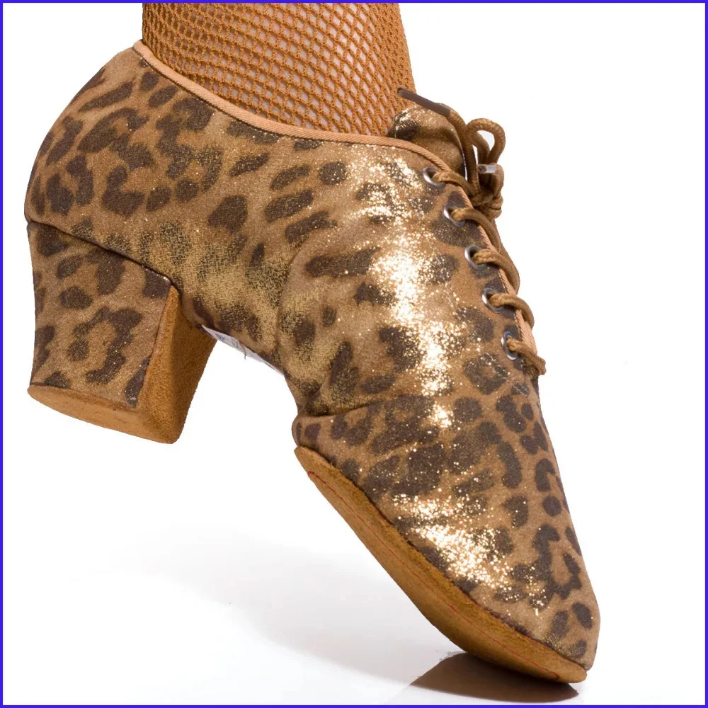 Quality Silk Flash Gold Satin Leopard Print Latin Dance Shoes For Women Split Soles 5cm Heel Ballroom Dancing Shoes For Ladies