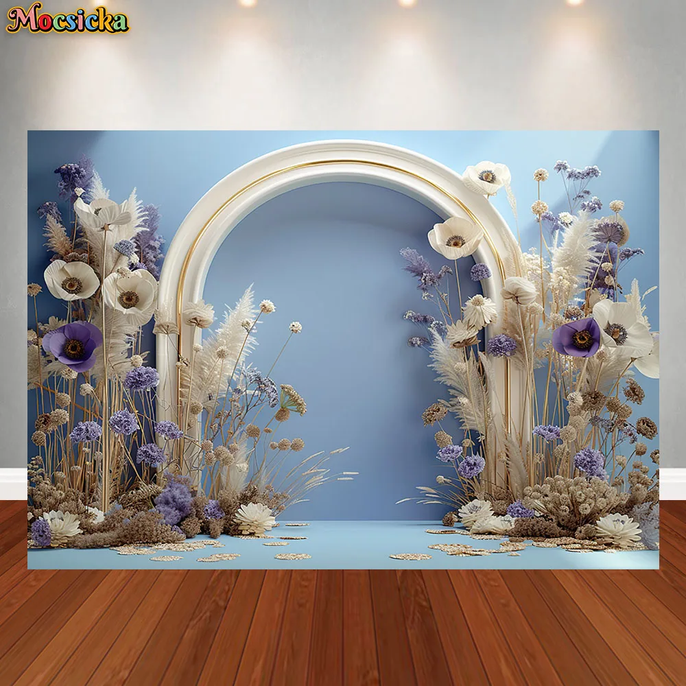 Mocsicka Photography Background Boho Blue Wall Flowers Arch Party Decoration Supplies Adult Women Portrait Photo Backdrops