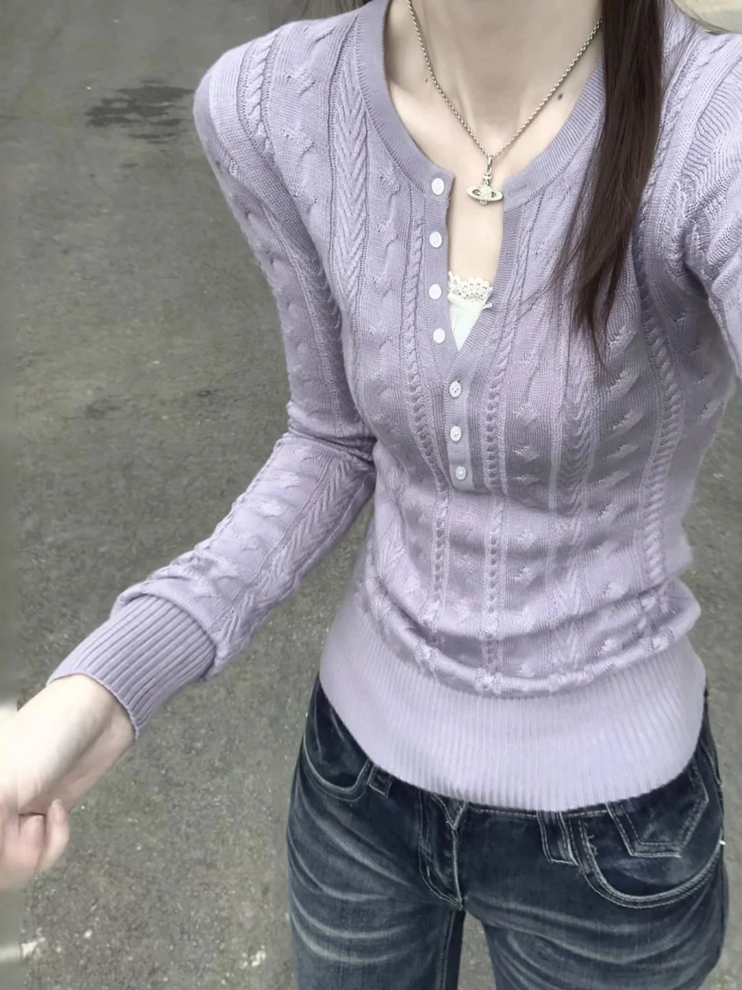 

Slimming Purple Knitwear Gentle Sle Faionable Spring 2026 Women's Cotton Long Sve round Ne ort Casual Ele Top