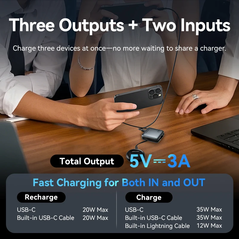 Портативный аккумулятор Vention 10000 мАч для iPhone 16 15 35 Вт PD со встроенной USB C Lightning и быстрой зарядкой для ноутбуков Xiaomi