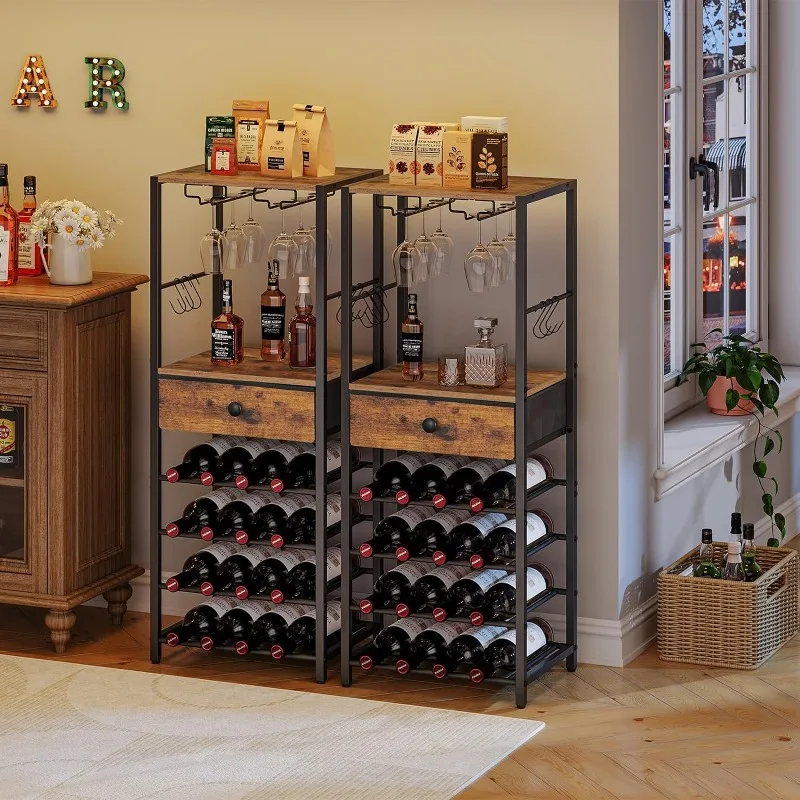 Wine Rack Freestanding Floor, 16-Bottle Wine Storage Rack with Non-Woven Fabric Drawer and Hooks, Wine Rack Table, Bar Cabinet