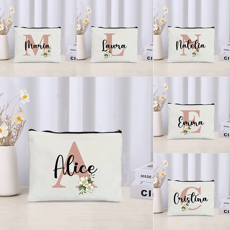 Custom Name Initials Letter Makeup Bag Women Toilet Pouch Travel Cosmetic Bag Wedding Bridesmaid Gifts Side Bag for Ladies Purse