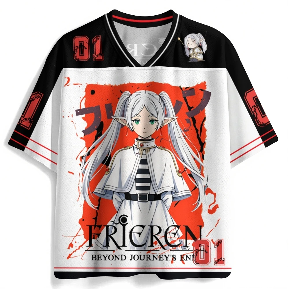 New Anime 2D Frieren V-neck Short-sleeve Sousou No Frieren Merchandise Casual Sports Double-sided Print Plus-size T-shirt