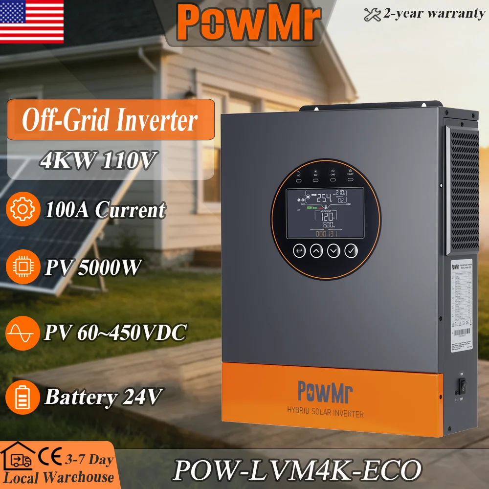 PowMr 4kW MPPT Solar Inverter 24V Off-Grid Pure Sine Wave UPS Max 500V PV Input for 24V LiFePO4 Battery Built in BMS RS485 CAN with Dual AC Output for Home RV Inversor