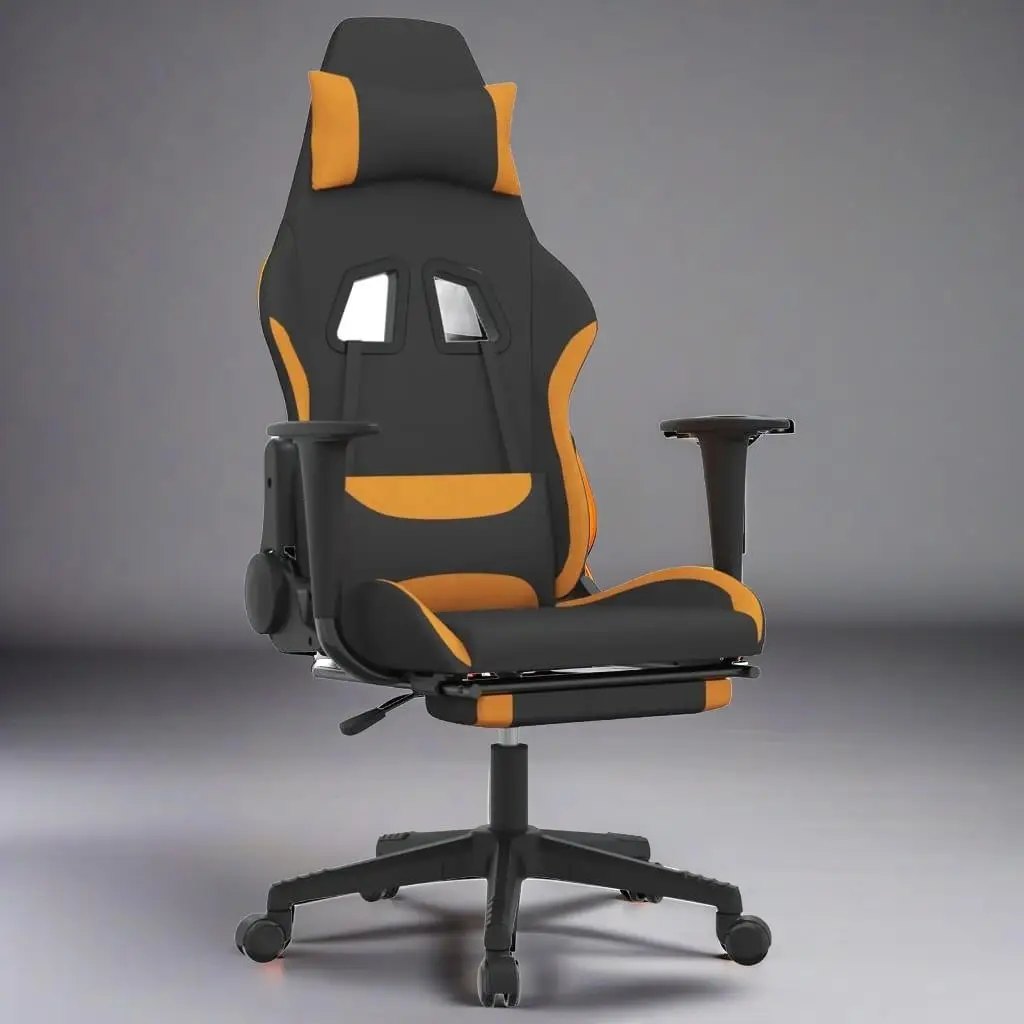 Ergonomic Massage Gaming Chair with Footrest - Stylish Black & Orange Fabric Design