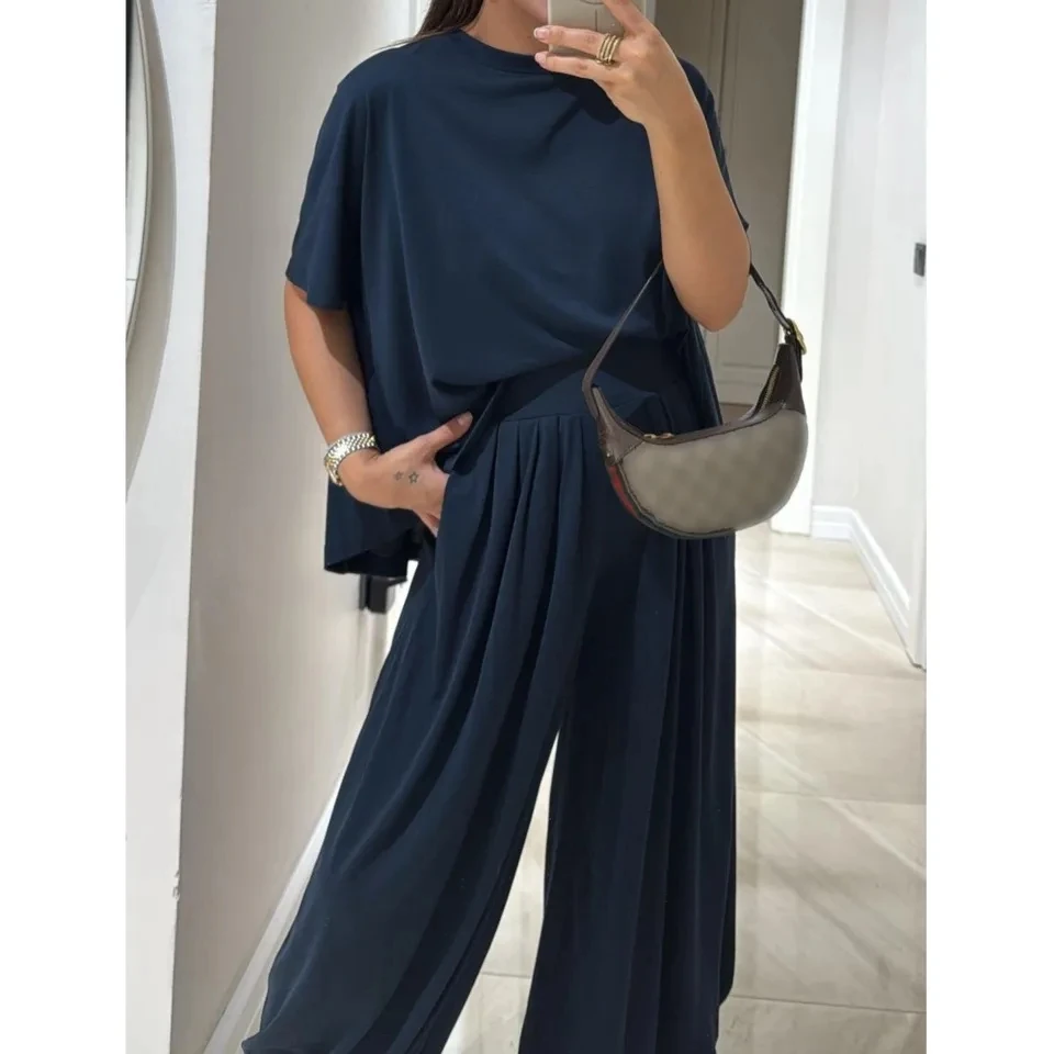 

Women's Casual O Neck T-shirt Short-sleeved Trousers 2 Piece Set Summer Fashion Droop Loose Wide-leg Trousers Female Suit 2025