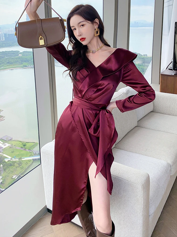 Moda francesa ol vintage cetim manga longa festa clube vestido elegante robe coffee break plissado cinto split vestido feminino