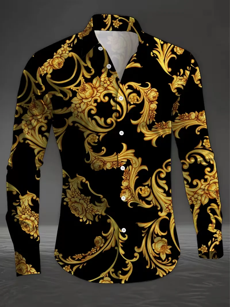 Men Long‑Sleeve Button‑Down Shirt Green Tropical Floral Botanical Full Print Polyester Lapel Collar Vacation Casual Top