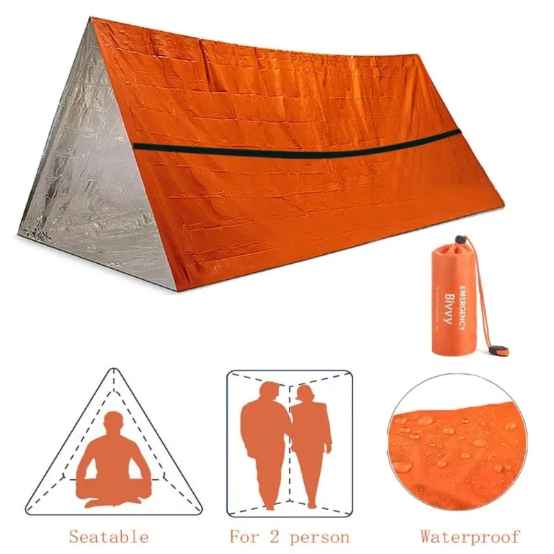 Kit de tienda de supervivencia Bivy para 2 personas, refugio de emergencia, tienda de campaña de tubo Mylar, saco de dormir impermeable para exteriores, manta térmica SOS reutilizable