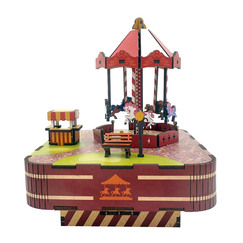 DIY 3D de madera, caja de música Merry-go-ground, Kits de modelos en miniatura, rompecabezas que puede mover para niños, regalos de cumpleaños, decoración del hogar