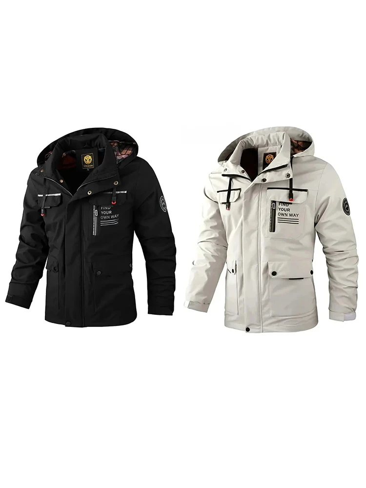 

Осень/зима Новые поступления Мужская куртка с капюшоном в военном стиле Ветрозащитная и водонепроницаемая Модная куртка оверсайз с множеством карманов Тепловая куртка для активного отдыха Черный Белый