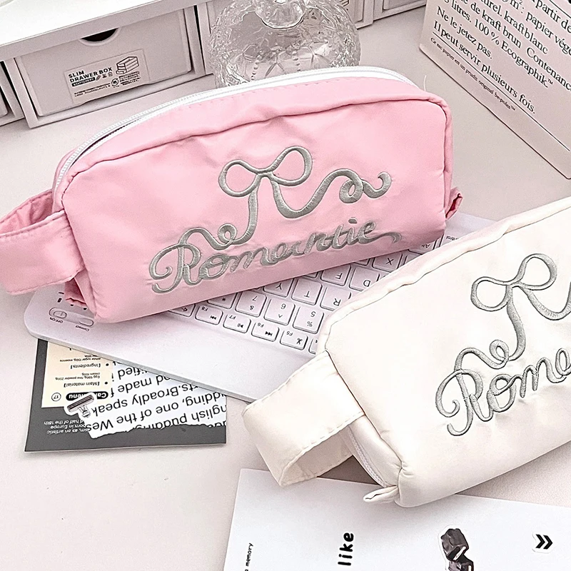 Fashion Large Capacity Bow Embroidery Design Pencil Case Student Stationery Makeup Storage Bag