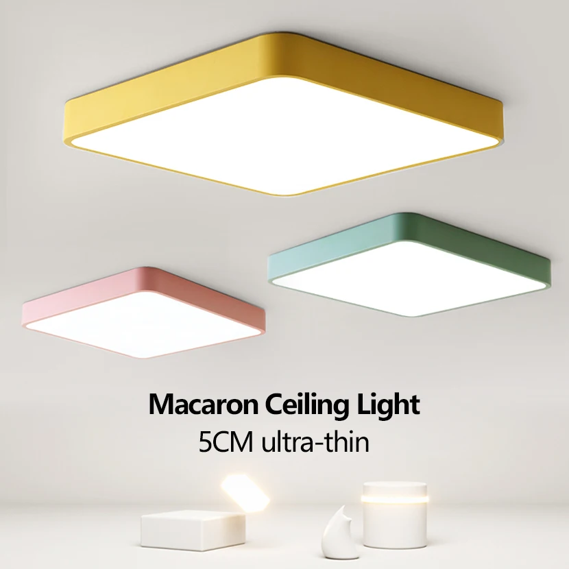 Modern LED Ceiling Light Nordic Square Macaron Color Iron Decorative Light Bedroom Living Room Children\'s Room Indoor Home Light