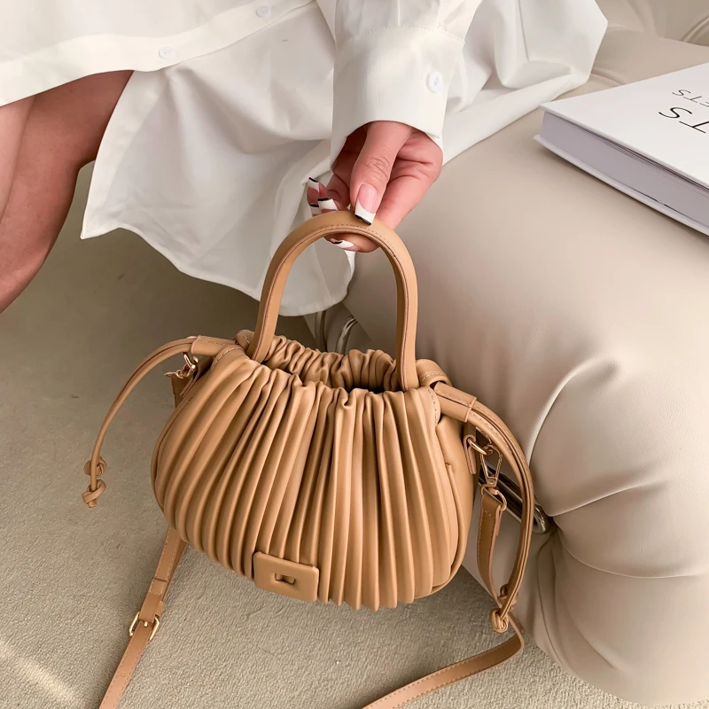 Summer Solid Color Fold Handbags for Women Fashion Designer Luxury Shoulder Bucket Bag Ladies PU Leather Crossbody Bags