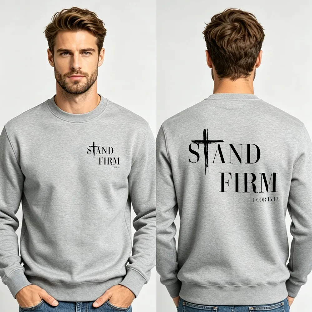 Men Double Sided Print Crewneck Sweatshirt Stand Firm Cross Bible Verse Christian Faith Vintage Letter Long Sleeve Pullover Tops