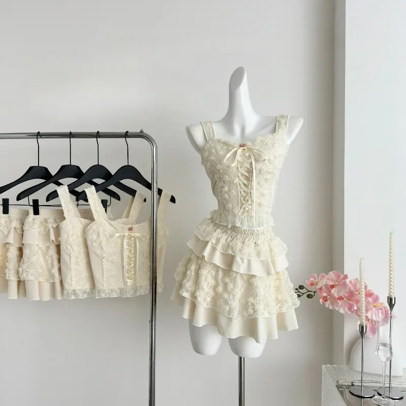 Sweet Fashion Lace Camisole Vest Top Cake Skirt Two-piece Set Women Print Lace Up Ruffle Edge Splice Gentle Summer Princess Wear