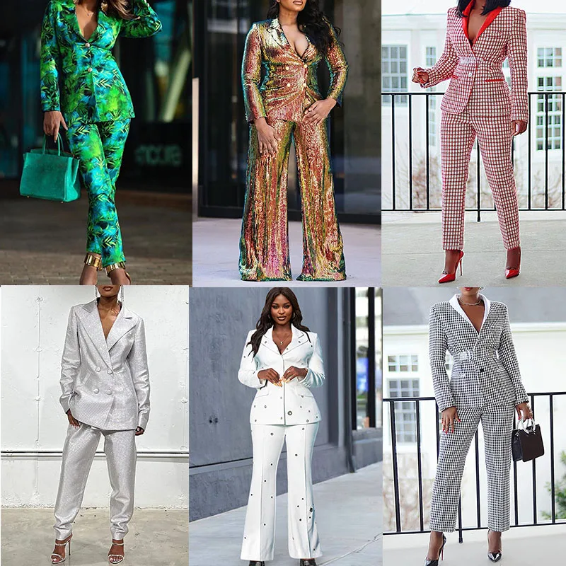 

Plus Size White Formal V Neck Studded Flare Leg Suit Blazer Long Sleeve Two Piece Pant Sets Office Women Sets