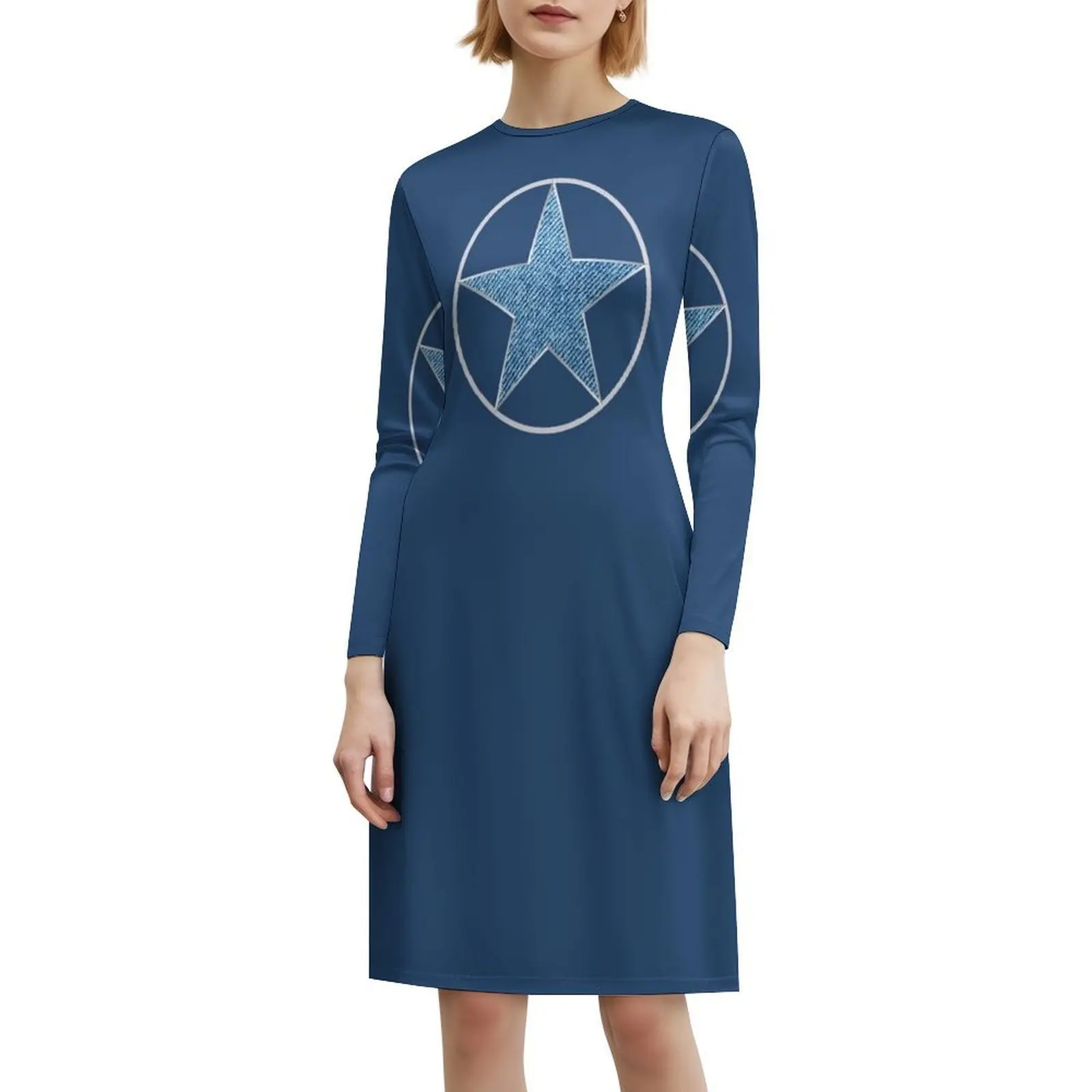 فستان جينز أزرق مع نجمة فضية على طراز بريبي فستان قصير للنساء على شكل حرف a فضفاض مناسب فستان يوم غير رسمي ليزا ستار فضي رائع #6