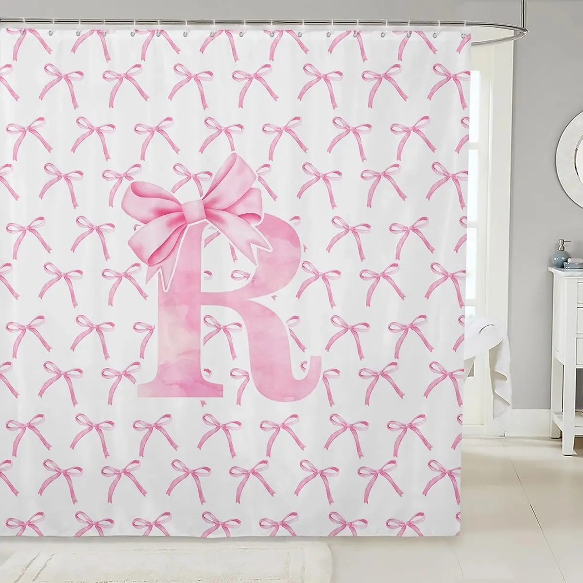

Pink Bow Letter R Shower Curtain Waterproof Girl Theme Bathroom Decor for Sweet Princess Style Room