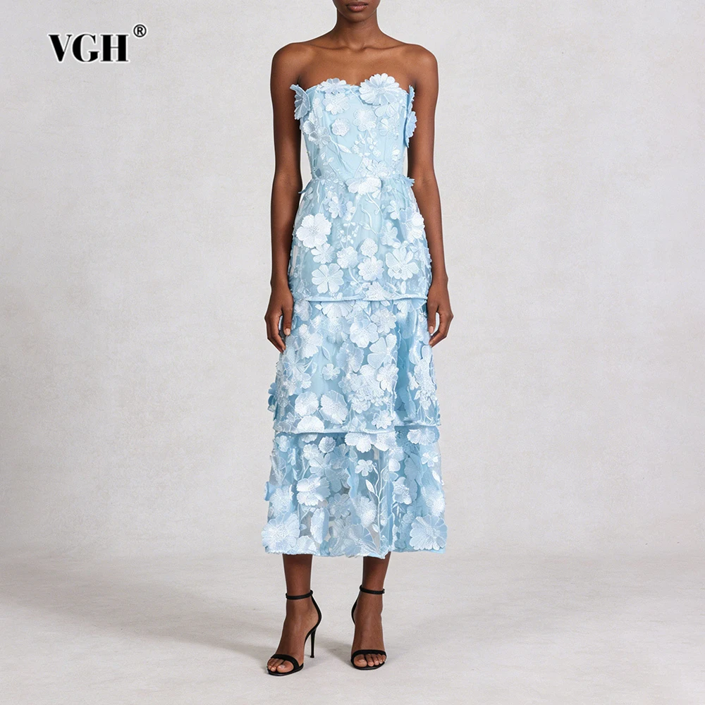 

VGH Elegant Slimming Fresh Long Dresses For Women Square Collar Sleeveless High Waist Spliced Appliques Ruffle Dress Female New