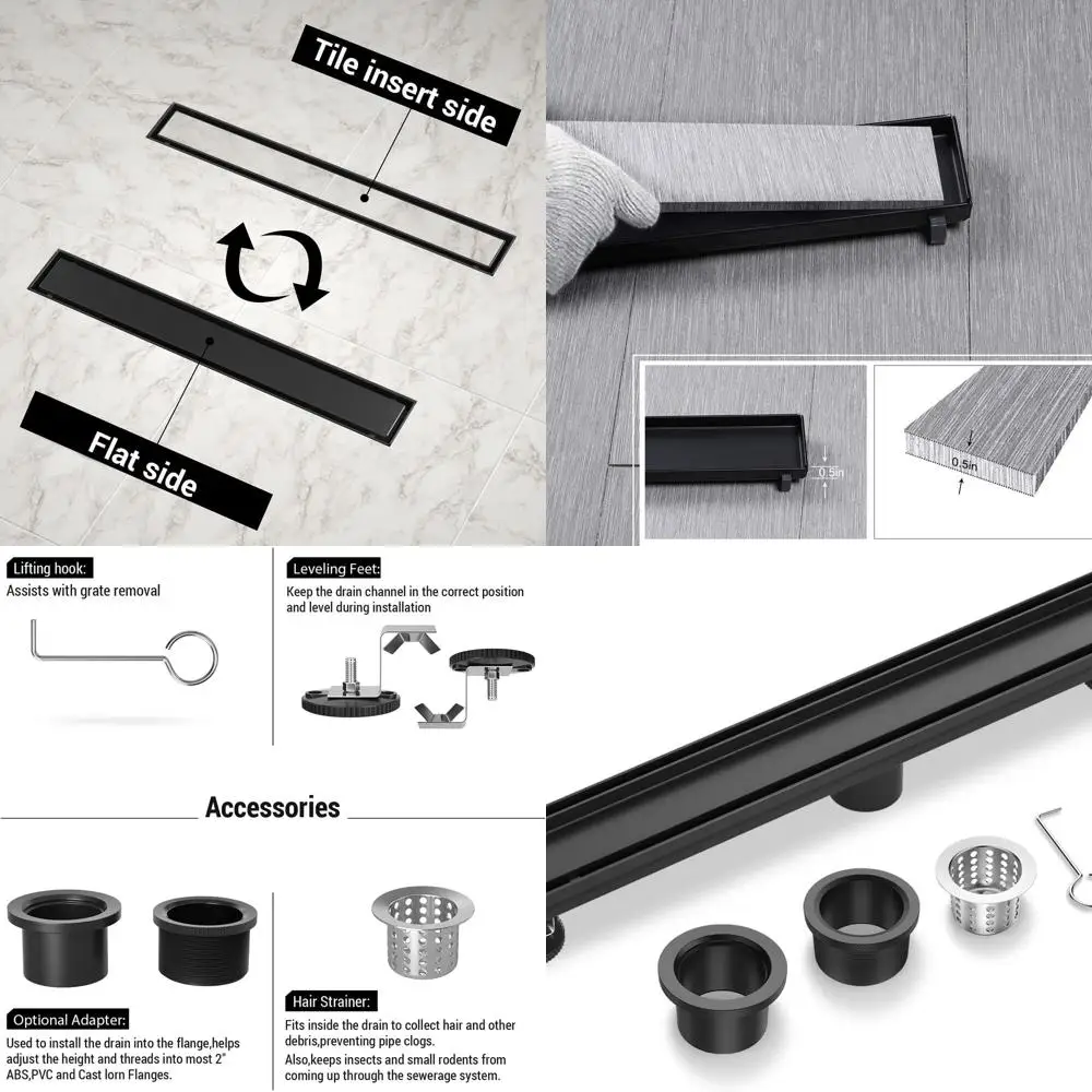 

26 Matte Black Linear Shower Drain with Reversible Flat/Tile Cover and Hair Catcher