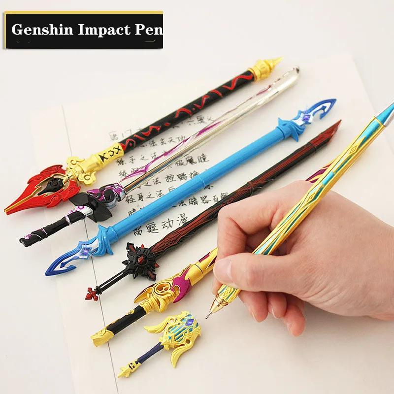 Jogo genshin impacto cosplay armas espada modelo caneta metal preto tinta canetas anime cosplay prop miúdo estudante presente papelaria