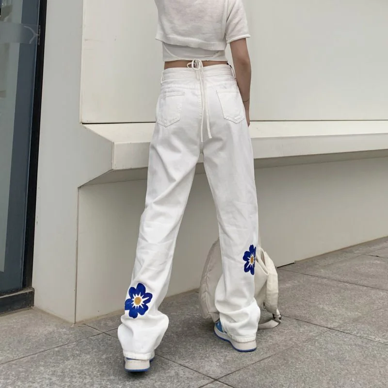 Korea Style Sweet Baggy Jeans Women Spring Summer Flowers Pattern Tidal Current Trousers Vintage High Waist Wide Leg Y2k Pants