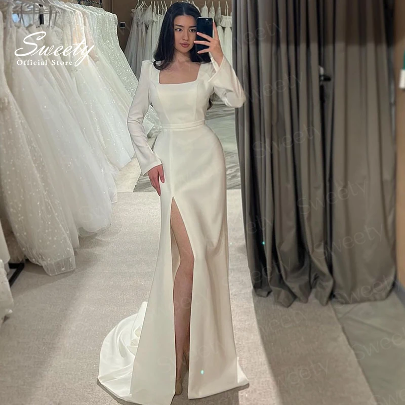 

Slit A Line Sexy Wedding Dress Soft Satin With A-Line Floor Length Ball Gown Square Collar Full Sleeve Prom Dress Robe De Mariee