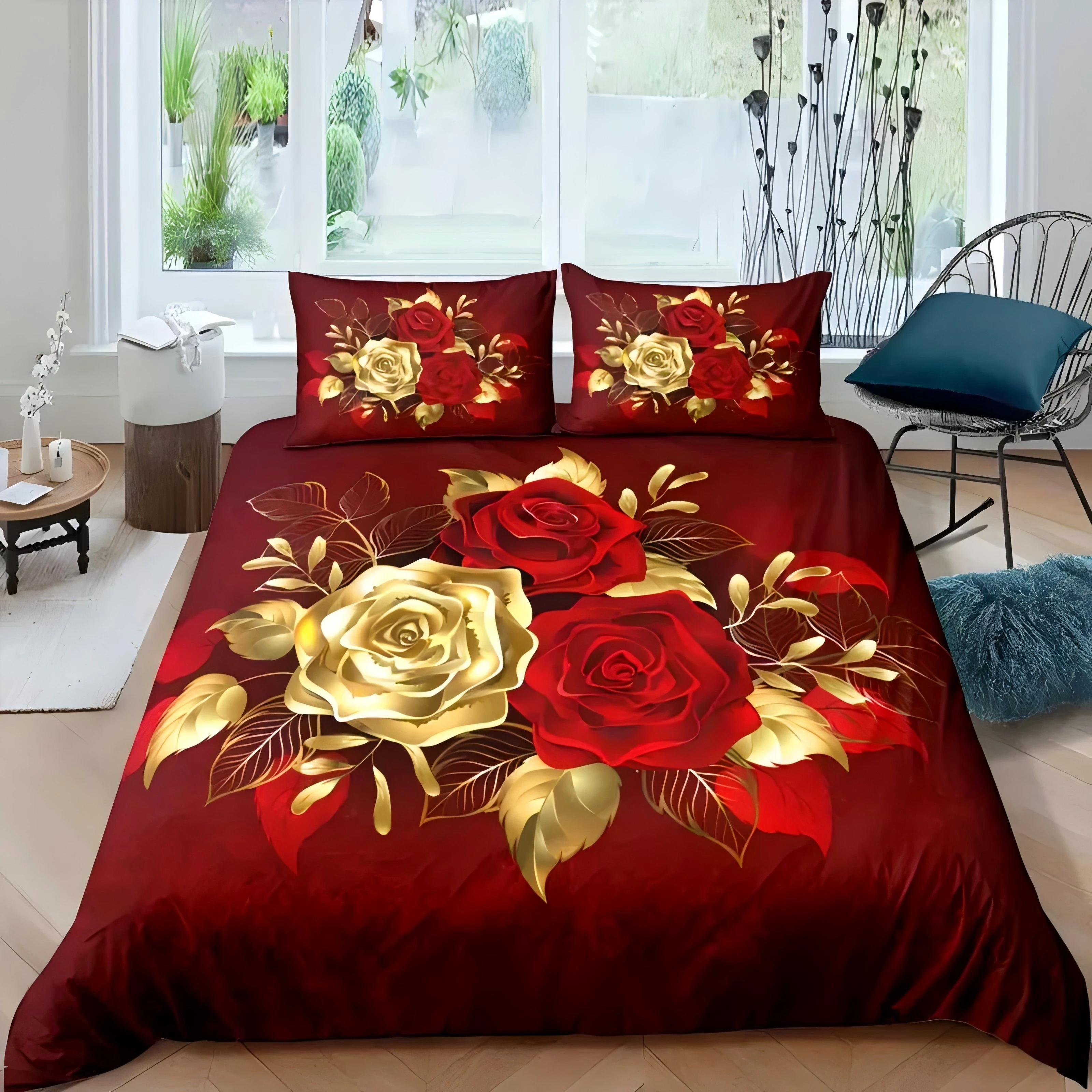 

3D Printed Quilt Cover Elegant High-End Romantic Rose Bedding Cover Pillowcase Home Textiles Gold Floral Duvet Cover Sets