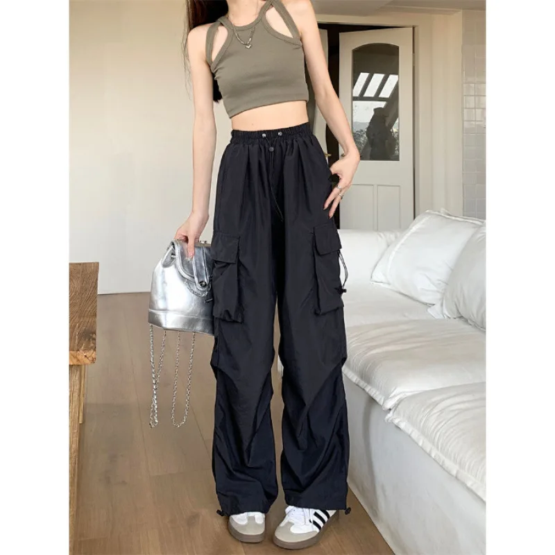 American Style Women's Work Pants Loose Cuffed Wide Leg Draping Lazy Long Trousers Casual High Waist Polyester Cotton Blend