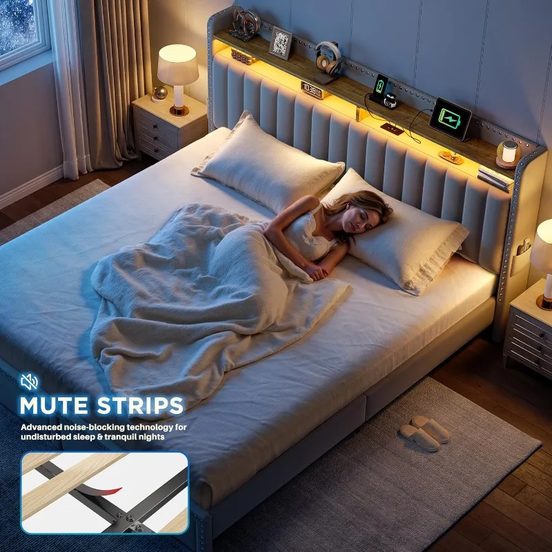 إطار سرير كوين مع درجين للتخزين، وسرير بمنصة منجدة مع أضواء LED ومحطة شحن، وسلا خشبية قوية