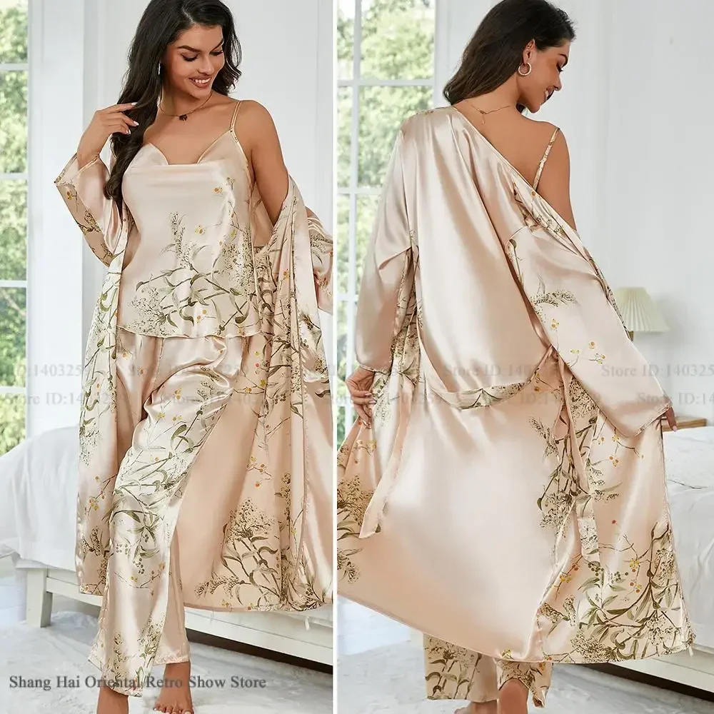 

Print Flower Female Long Robe Pajamas 3PCS Set Silky Satin Kimono Gown Bathrobe Homewear Spring Autumn New Sleepwear Loungewear