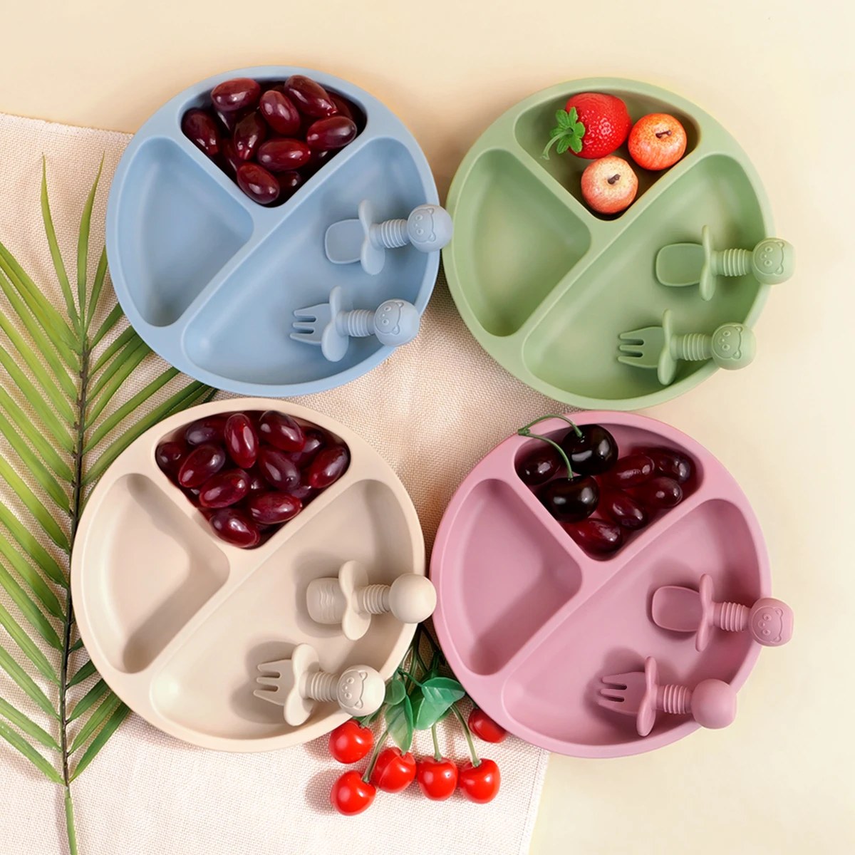 3pcs Baby baby complementary food anti drop circular grid plate baby silicone fork spoon suction cup bowl