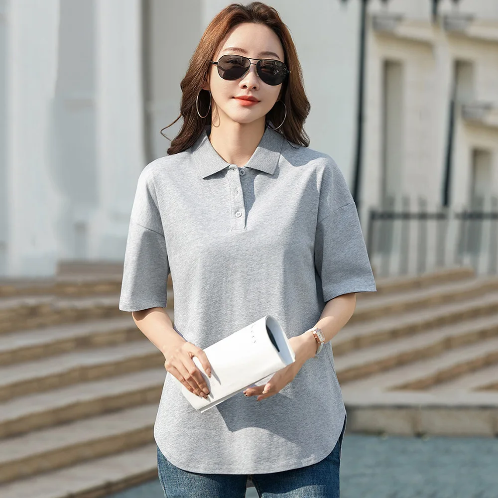 

New Women Medium Long T-shirt Summer Fashion Polo Collar Short Sleeve Loose T-shirt Solid Color Casual Daily T-shirt