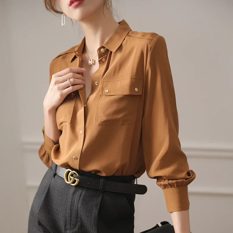 Fashion Silk Shirt Women's Spring and Autumn 2024 New Long-sleeved Retro Blouse Brown and White Color