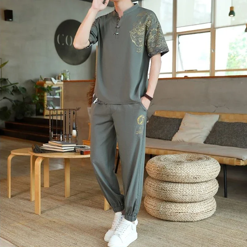 

Grey T-shirts Pants Suits for Men Nylon Print Graphic Stylish Trends Costumes Slim Fit Novelty in Luxury Chic Man Trousers Sets
