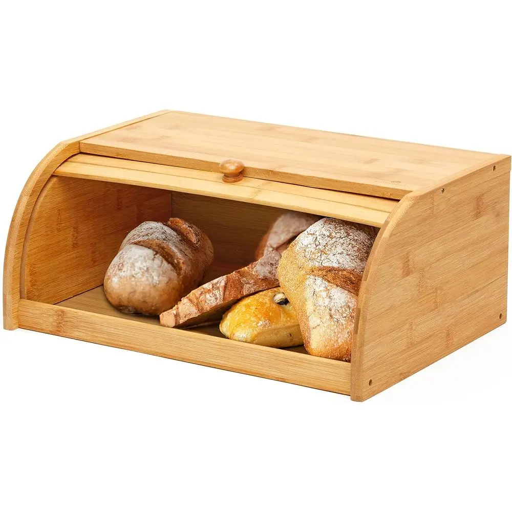 

Natural Bamboo Roll Top Bread Box Kitchen ood Storage - Assembly Required