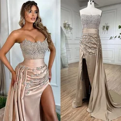 Strapless Crystals Women Evening Dress With Side Slit, Satin Skirt Maxi Prom Dresses Formal Occasion Outfit Women's Party Gown