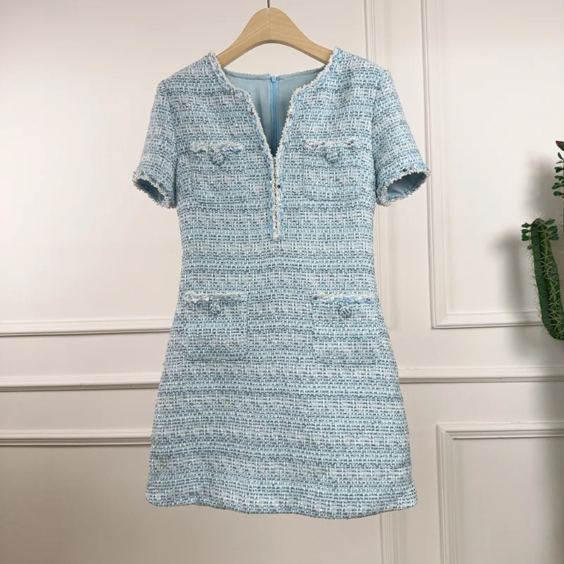 

Сине-розовое короткое элегантное платье с коротким рукавом, V-образным вырезом, модное, нежное, высококачественное, во французском стиле, из твида, для женщин