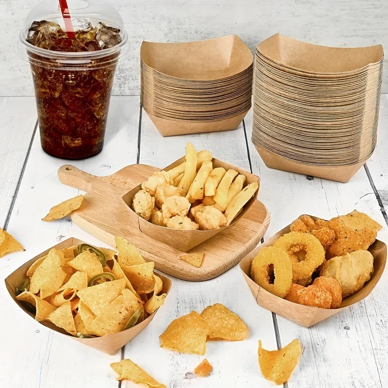 100pcs Kraft Paper Food Tray Heavy-duty Food Boat Trays Disposable Service Basket For Snacks Fries Tacos BBQ Party Tableware Set
