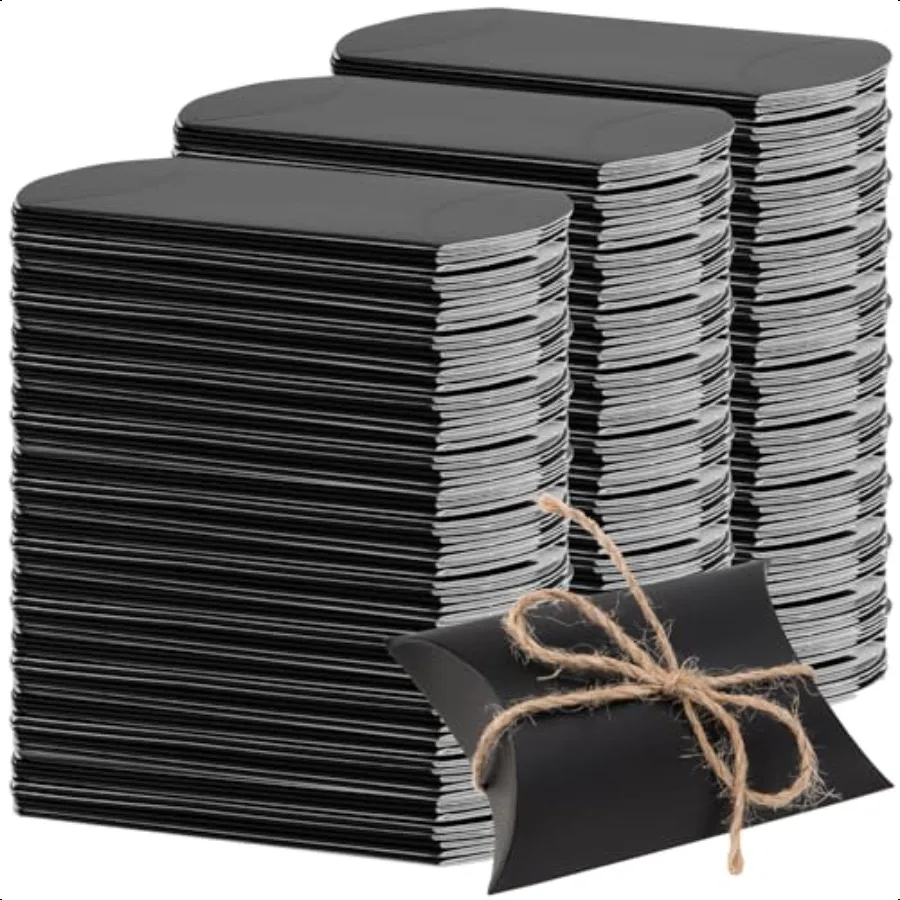 

150 Pack 5 x 3.5 Inches Black Pillow Boxes Large Black Pillow Boxes with Jute Twins Kraft Party Favor Pillow Candy Box for Birt
